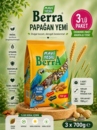 Mavi Yeşil Berra Papağan Yemi 3'lü Paket 700 g | Doğal İçerikli, Vitamin ve Enerji Destekli Papağan Yemi