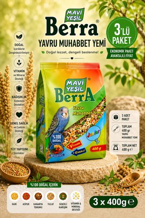 Mavi Yeşil Berra Yavru Muhabbet Yemi 3'lü Ekonomik Paket | Doğal İçerikli Vitamin ve Mineral Destekli | Toplam 1.200 g