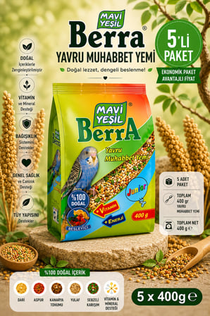 Mavi Yeşil Berra Yavru Muhabbet Yemi 5'li Ekonomik Paket | Doğal İçerikli Vitamin ve Mineral Destekli | Toplam 2.000 g