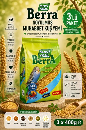 Mavi Yeşil Berra Soyulmuş Muhabbet Kuşu Yemi 3'lü Ekonomik Paket | Doğal İçerikli | Toplam 1.200 g