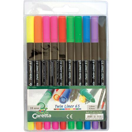 Caretta Twinliner Çift Uçlu Keçeli Kalem 0.4 MM-1.0 MM 10 LU Karışık Renk CT-65