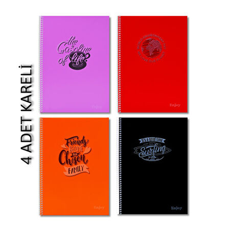 Sim Enjoy A4 60 Yaprak Plastik Kapak Spiralli Defter Kareli 4 Adet