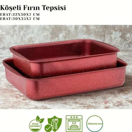2li Granit Köşeli Tepsi Seti - Kırmızı