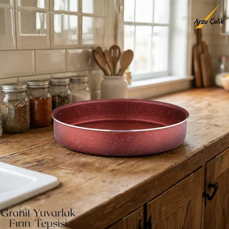 32 Cm Granit Yuvarlak Fırın Tepsisi - Kırmızı