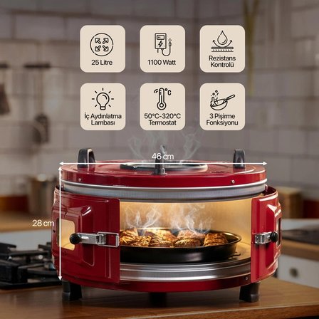 AF130L 25 Litre Orta Boy Yuvarlak Davul Fırın, İç Aydınlatmalı, Termostatlı, Üst & Ön Gözetleme Camlı, 1 Tepsi