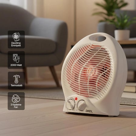 AS300B 2000W Fanlı Isıtıcı, Devrilme Emniyetli, Termostatlı, 3 Kademe Ayarlanabilir Fanlı