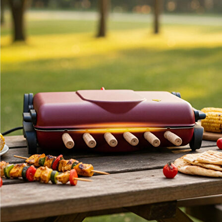 AB670 1200W Kırmızı Elektrikli Izgara, Kokusuz & Dumansız Mangal, Barbekü, 6 Adet Krom-Nikel Kaplama Şiş