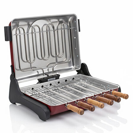 AB670 1200W Kırmızı Elektrikli Izgara, Kokusuz & Dumansız Mangal, Barbekü, 6 Adet Krom-Nikel Kaplama Şiş