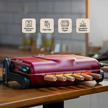 AB670 1200W Kırmızı Elektrikli Izgara, Kokusuz & Dumansız Mangal, Barbekü, 6 Adet Krom-Nikel Kaplama Şiş