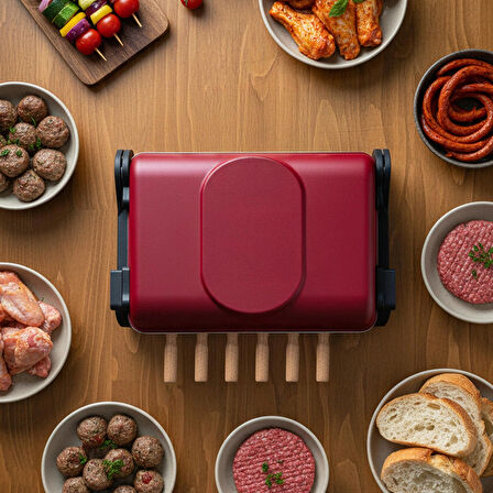 AB670 1200W Kırmızı Elektrikli Izgara, Kokusuz & Dumansız Mangal, Barbekü, 6 Adet Krom-Nikel Kaplama Şiş