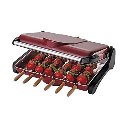 AB670 1200W Kırmızı Elektrikli Izgara, Kokusuz & Dumansız Mangal, Barbekü, 6 Adet Krom-Nikel Kaplama Şiş