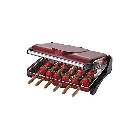 AB670 1200W Kırmızı Elektrikli Izgara, Kokusuz & Dumansız Mangal, Barbekü, 6 Adet Krom-Nikel Kaplama Şiş