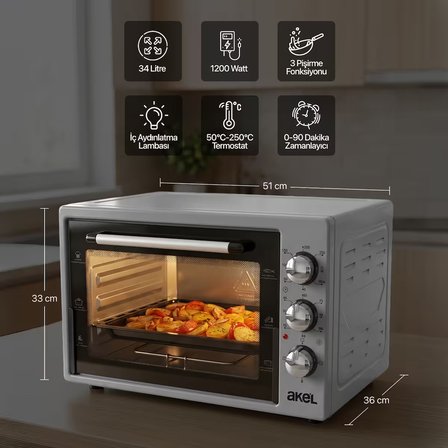 AF340L 34lt Gri Mini/Midi Fırın, Aydınlatmalı, Zaman Ayarlı, Izgara & Fırın, 2 Tepsi 1 Tel Izgara