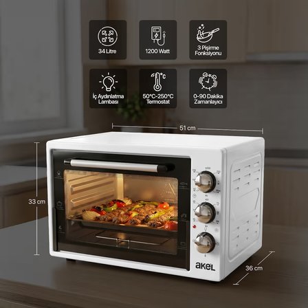 AF340L 34lt Beyaz Mini/Midi Fırın, Aydınlatmalı, Zaman Ayarlı, Izgara & Fırın, 2 Tepsi 1 Tel Izgara