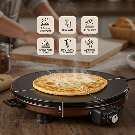 AT610 46 cm Bakır Elektrikli Katmer, Bazlama, Gözleme Sacı, Termostatlı, Büyük Boy, Hızlı ve Eşit Isı Dağılımı