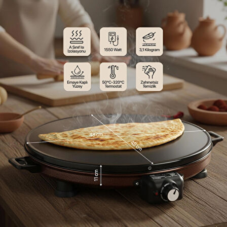 AT610 46 cm Bakır Elektrikli Katmer, Bazlama, Gözleme Sacı, Termostatlı, Büyük Boy, Hızlı ve Eşit Isı Dağılımı