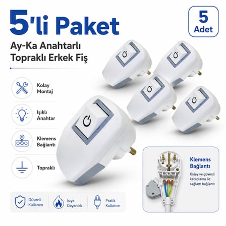 Ay-Ka Anahtarlı Topraklı Işıklı Kolay Montaj Erkek Fiş - 5 Adet