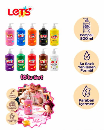Lets Pompalı Parmak Boyası 10 Renkli Set 500 ml