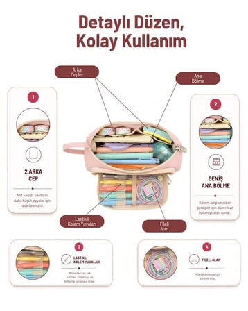 Yuga Üçgen Formlu Çok Bölmeli Geniş Kapasiteli Kumaş Kalemlik 20,5 cm Pembe