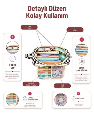Yuga Üçgen Formlu Çok Bölmeli Geniş Kapasiteli Kumaş Kalemlik 20,5 cm Dama Desenli