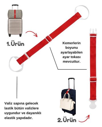 Temel Valiz Üstü Çanta Sabitleme Kemeri ve Çanta Asma Askısı Seti Kırmızı Renk