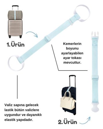Temel Valiz Üstü Çanta Sabitleme Kemeri ve Çanta Asma Askısı Seti Bebek Mavisi Renk
