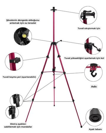 Temel Katlanabilir Alüminyum Tripod Şövale - Kollu Yükseklik Ayarlı, Su Terazili, Pembe