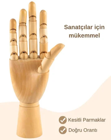 Ahşap El Modeli, Mafsallı Tabanlı Çizim ve Takı Sergileme Mankeni, 30 cm
