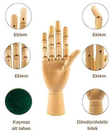 Ahşap El Modeli, Mafsallı Tabanlı Çizim ve Takı Sergileme Mankeni, 30 cm
