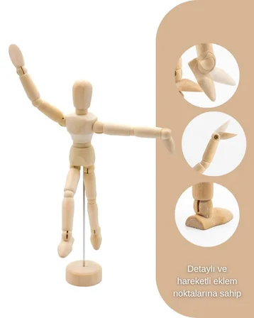 Ahşap Çizim Mankeni, Mafsallı İnsan Figürü Modeli, Tabanlı Eskiz Yardımcısı, 14 cm