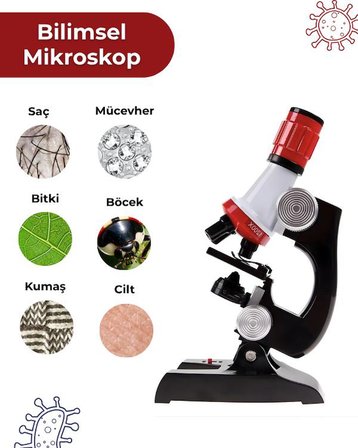 Temel Işıklı Bilimsel Çocuk Mikroskobu 100x 400x 1200x, STEM Eğitim ve Deney Seti
