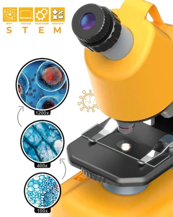 Temel Sarı STEM Mikroskop Seti 100x 400x 1200x Plastik Gövdeli Bilim Kiti