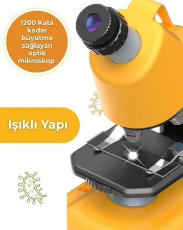 Temel Sarı STEM Mikroskop Seti 100x 400x 1200x Plastik Gövdeli Bilim Kiti