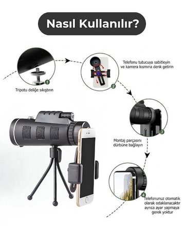 Temel Monoküler Teleskop, Telefon Tutuculu Tripodlu Su Geçirmez Tek Göz Dürbün