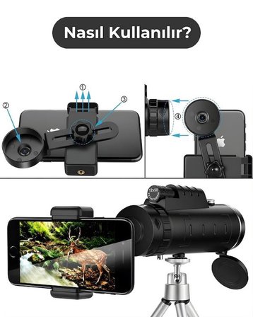 Temel Monoküler Teleskop, Telefon Tutuculu Tripodlu Su Geçirmez Tek Göz Dürbün