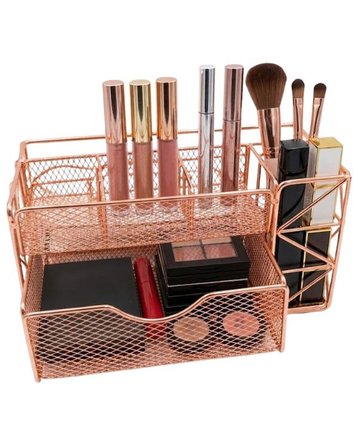 Temel Rose Gold Metal Mesh Masaüstü Organizer Çekmeceli Çok Bölmeli 21.8x11.5x11 cm 9510