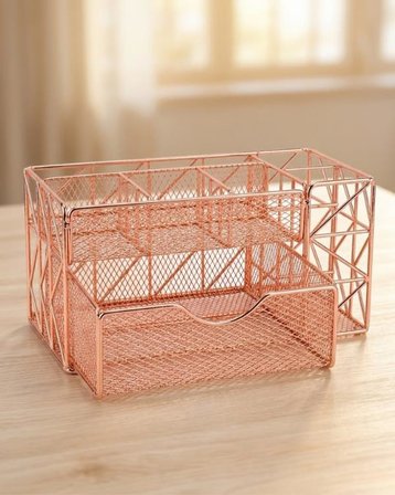 Temel Rose Gold Metal Mesh Masaüstü Organizer Çekmeceli Çok Bölmeli 21.8x11.5x11 cm 9510