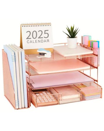 Temel Rose Gold Metal Mesh 3 Katlı Masaüstü Organizer Dosyalık Çekmeceli Kalemlikli 33x22x23 cm 9533