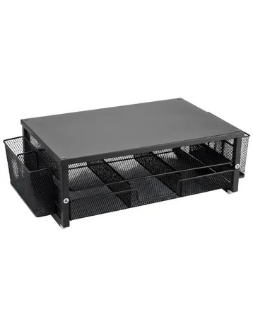 Temel Siyah Metal Mesh Monitör Yükseltici Stand Çekmeceli Kalemlikli Masaüstü Organizer 9210