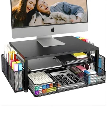 Temel Siyah Metal Mesh Monitör Yükseltici Stand Çekmeceli Kalemlikli Masaüstü Organizer 9210