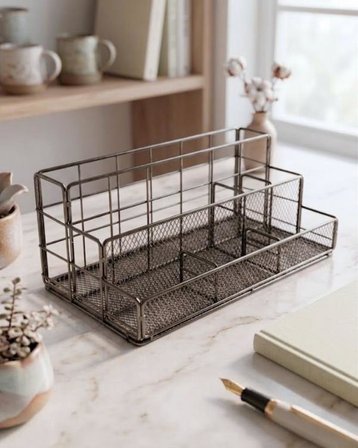 Temel Nikel Metal Mesh Masaüstü Organizer Çok Bölmeli 27x14x11 cm 9515B