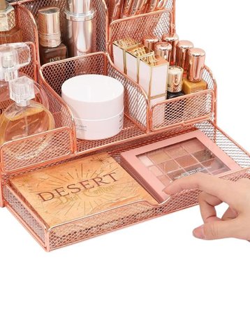 Temel Rose Gold Metal Mesh Masaüstü Organizer Çekmeceli Çok Bölmeli 25x17x16 cm 9527R