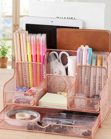 Temel Rose Gold Metal Mesh Masaüstü Organizer Çekmeceli Çok Bölmeli 25x17x16 cm 9527R