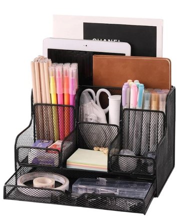 Temel Siyah Metal Mesh Masaüstü Organizer Çekmeceli Çok Bölmeli 25x17x16 cm 9527B