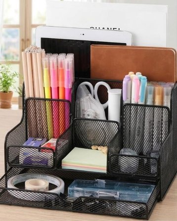 Temel Siyah Metal Mesh Masaüstü Organizer Çekmeceli Çok Bölmeli 25x17x16 cm 9527B