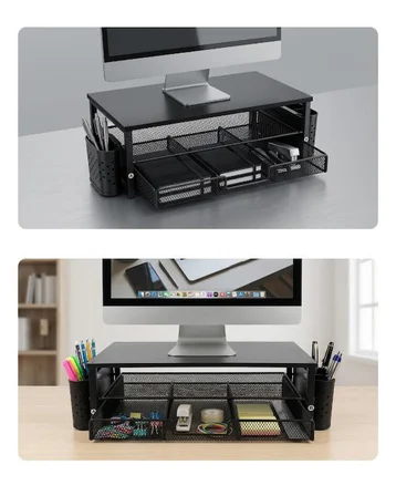 Temel Siyah Ahşap Üst Tablalı Metal Mesh Monitör Yükseltici Stand Çekmeceli Kalemlikli Masaüstü Organizer 9214