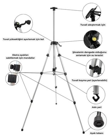 Temel Katlanabilir Alüminyum Tripod Şövale - Kollu Yükseklik Ayarlı, Su Terazili, Gümüş