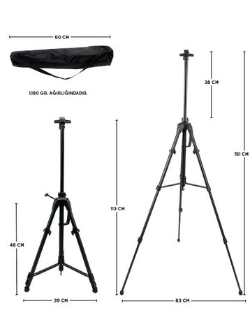 Temel Katlanabilir Metal Tripod Şövale - Kollu Yükseklik Ayarlı, Su Terazili, Pusulalı, Siyah