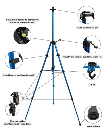 Temel Katlanabilir Alüminyum Tripod Şövale - Kollu Yükseklik Ayarlı, Su Terazili, Mavi