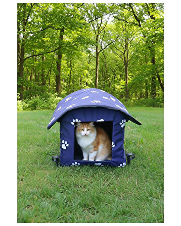 Yuga Pati Desenli Lacivert Kedi Evi Isı ve Yağmur Korumalı